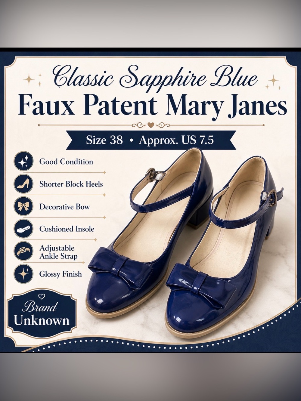 Mary Jane style - faux patent w/ bow detail Block heel